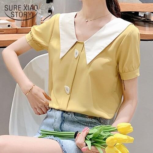 2021 Solid Color Splicing Korean Short Sleeve Chiffon Blouse Women Blusas Mujer De Moda Sweet Ladies' Tops Clothes 9094 50
