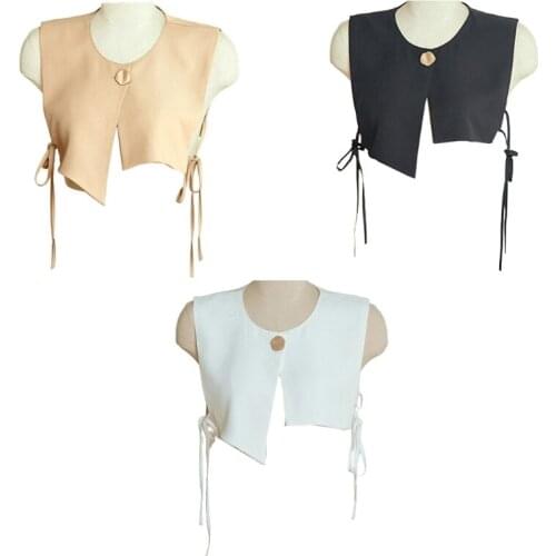 Women Vintage Asymmetrical False Collar Shawl Button Scarf Necklace Vest Jacket Solid Color Detachable Lace-Up Poncho Capelet