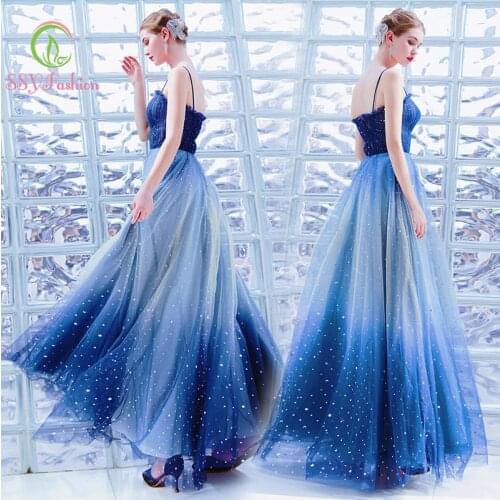SSYfashion Strap Sleeveless Zipper Back Gradient Blue Long Evening Dress Party Gowns Prom Banquet Formal Dress