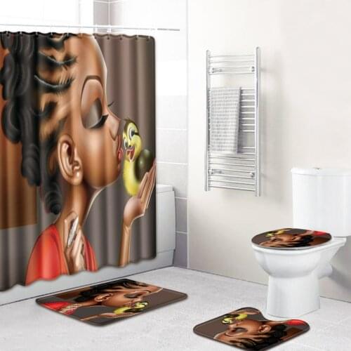3D African Girls Shower Curtain Bath Mat Toilet Pad Set Non-slip Toilet Bathroom Decor Carpet Waterproof Shower Curtain Set
