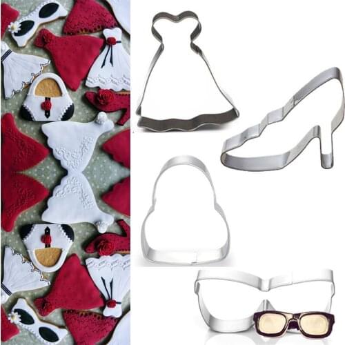 4pcs patisserie reposteria Wedding Cookie Cutter Metal Molds Shoes Dress Fondant Cake Decor Tool Biscuit Chocolate Cupcake Mould