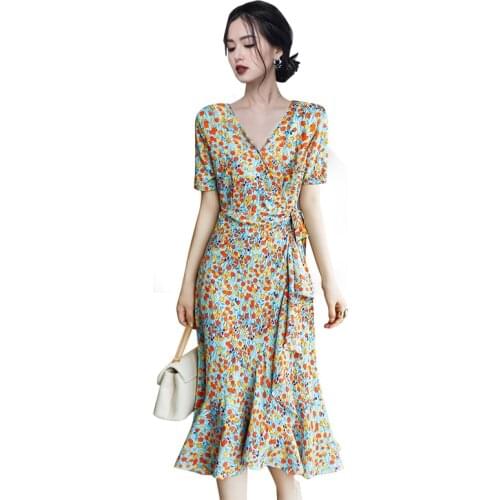 French maxi elegant print one piece dress summer short Sleeve cabaret party Sexy a line Robe Dresses for women