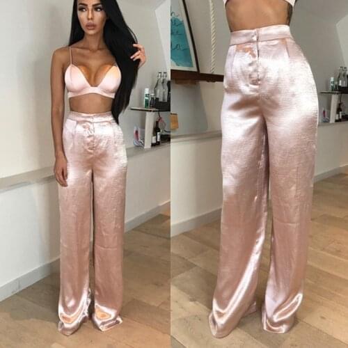 HGTE women sets 2 pieces long pants suit v neck camis tank tops Pink trousers Sexy holiday beach wear Marsala color