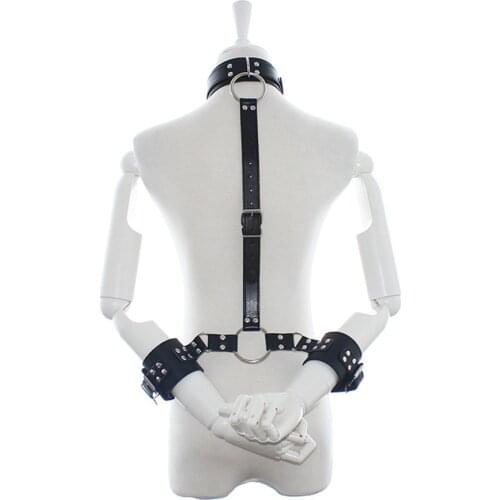 CamaTech PU Leather Neck Colar To Hand Cuffs Adjustable Neck Wrist Bondage Restraints Fetish Slave BDSM Adult Games For Couples