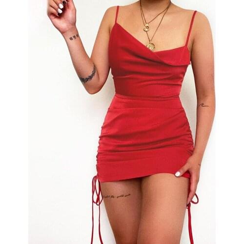 Summer Spaghetti Strap Drawstring Dress Women Red Mini Party Night Dress Skinny Elegant High Waist Ruched Bodycon Streetwear