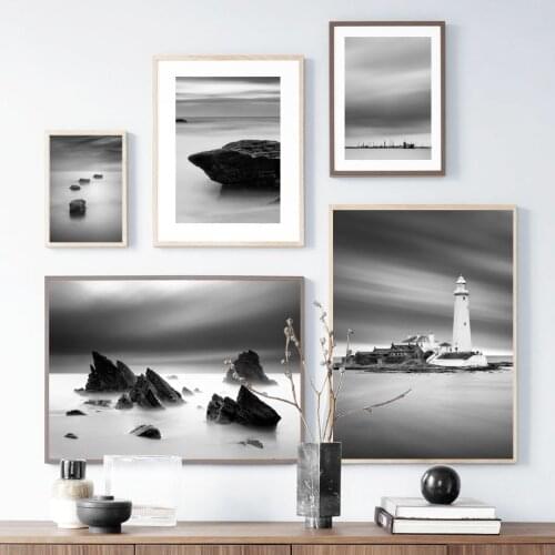 Lighthouse Island Stone Sea Beach Wall Art Canvas Painting Black White Nordic Posters And Prints Wall Pictures For Living Room