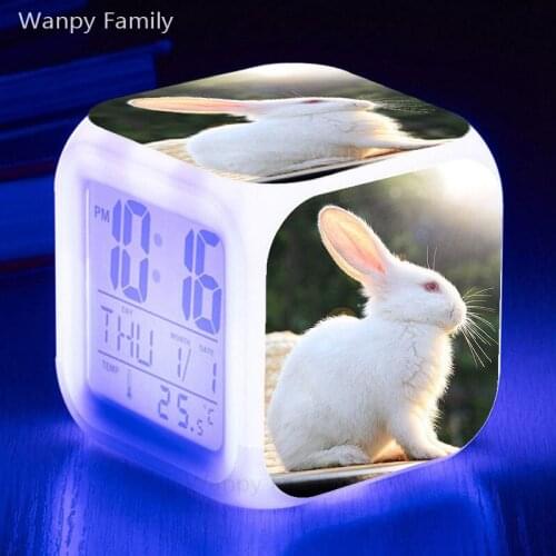 Cute White Rabbit Alarm Clock 7 Color LED Glowing Digital Clock Kids Gift Multifunction Desktop Electronic Flash Watches Clock