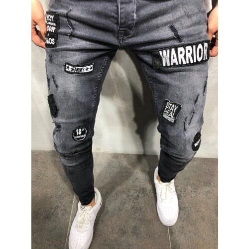 Men casual jeans military style warrior badge washed distressed solid color slim motorcycle jeans men pencil pants denim pants