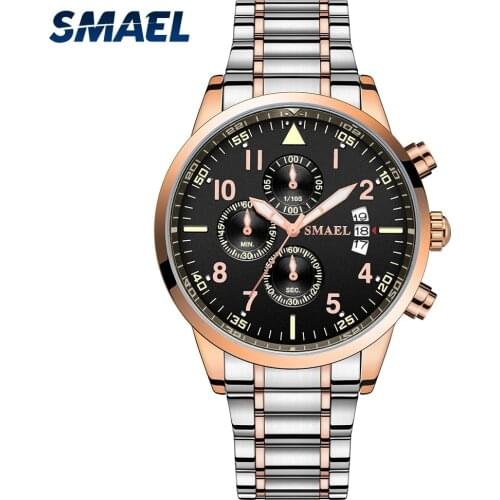 SMAEL Quartz Mens Business Watch Stainless Steel Strap Calendar Stopwatch Timer Three LED Subdials Waterproof