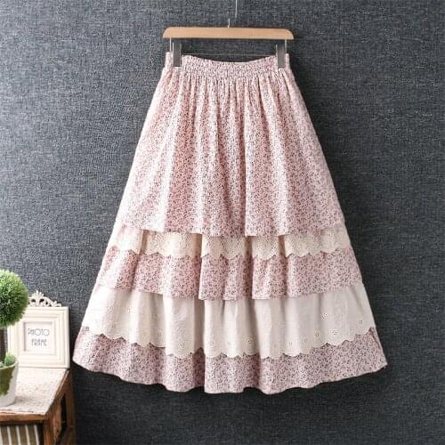 New Summer Women Elastic Waist Cotton and linen Floral Print Skirt Mori Girl Lace Women Skirts