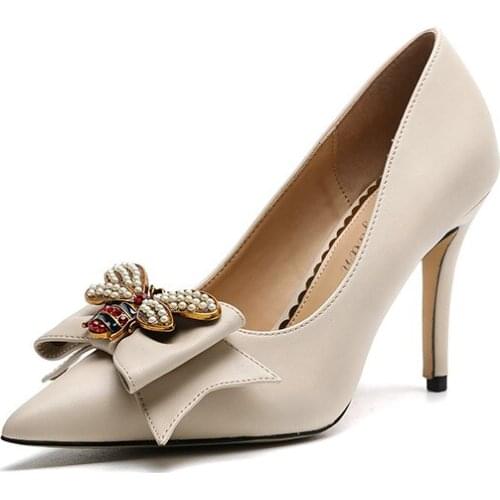 2020 Spring New Women Genuine Leather Shallow Pumps Female Carstal Bee Bow-Knot Pumps Office Lady Shoes Dress Sexy Pumps