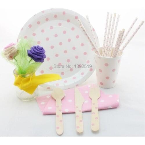 Wholesale Price 100sets/716pcs Baby Pink Party Tableware Set , Polka Dot 6 Colors Straws Plates Cups Napkins Wooden Cutlery