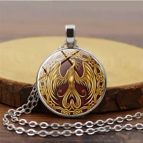 Glass Necklace Phoenix Glass Necklace Golden Bird Photo Pendant Anlmal Jewelry Pendant Glass Cabochon Necklace