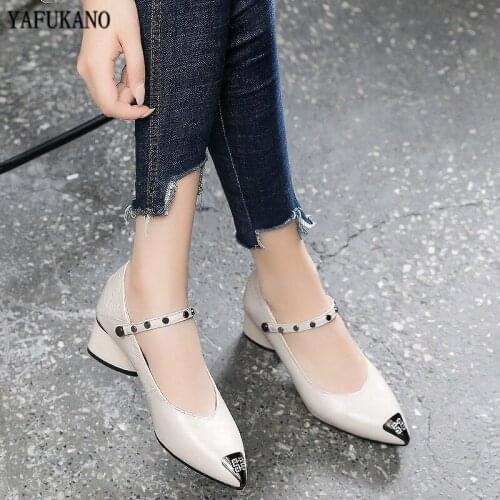 Soft Leather Single Shoes Strange Style Heel Women Pumps Metal Pointed Toe Mid Heel High Heels Elegant Career Office Work Shoes