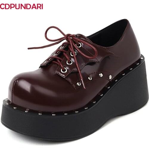 Lolita Shoes Women Black Wine Red Platform Wedges Pumps Ladies Spring Summer Rivet Punk High Heels Bride Tacones Mujer
