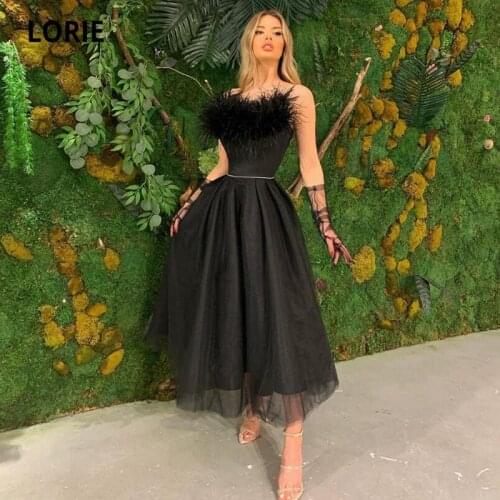 LORIE Vintage Feather Prom Dresses Strapless Tea Length Black Arabic Evening Gown Tulle Wedding Party Dress robe de soiree