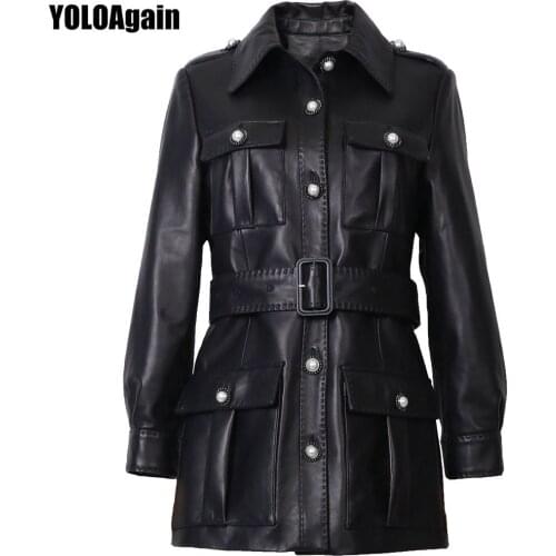 YOLOAgain Women Genuine Leather Jacket Ladies Beading Buttons Real Sheepskin Coat