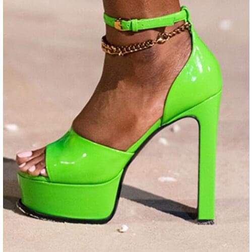 Moraima Snc Summer Thick Heels Women Sandals Sexy Peep Toe Green Leather Platform Shoes Runway Ankle Strap Dress Shoes Black