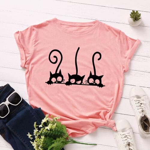 Women Short Sleeve Cotton T-Shirts Graphic Tees Summer Tee Tops for Female Casual Oversized Clothes Cute Black Cats Print Shirt