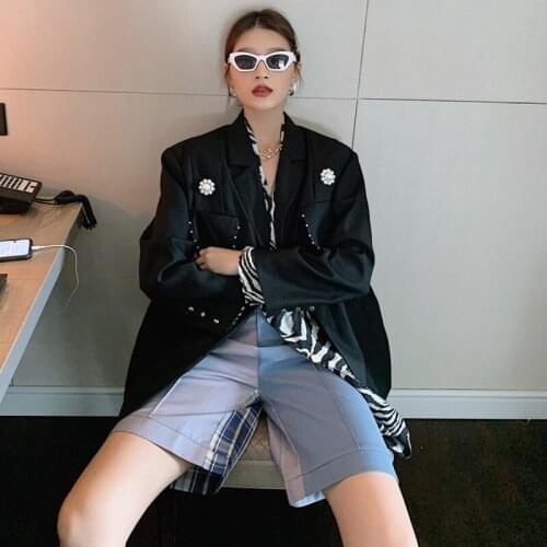 Black blazer with pearls single-breasted turn-down collar new autumn street wear top for female fashion tide C476