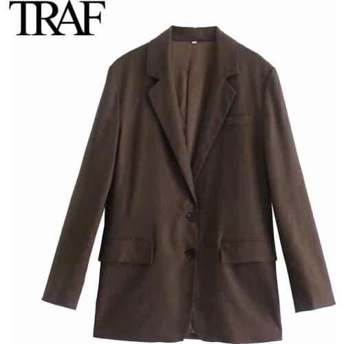 Traf Za 2021 Women Clothing Spring Autumn Office Loose Flip Pocket Suit Blazer Street Fashion Oversized Jacket Coats