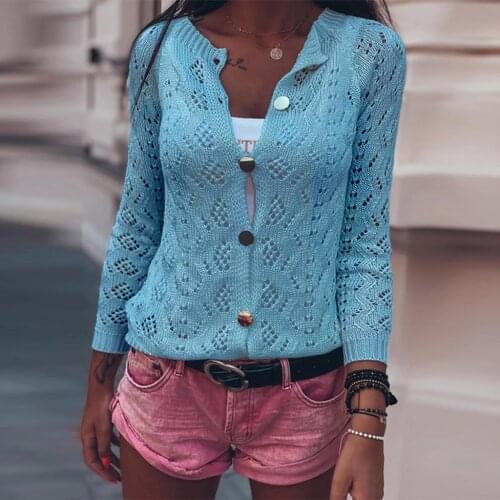 Womens Autumn Thin Cardigan Solid Color Hollow Out Knitting Sweater Long Sleeve Button Loose Fashion Cardigan кардиган женский