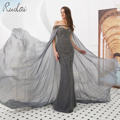 Mermaid Gown Luxury Evening Dresses Long 2019 Long Cloak Heavy beads Evening Gowns For Women Evening Dress vestido de noche Gown