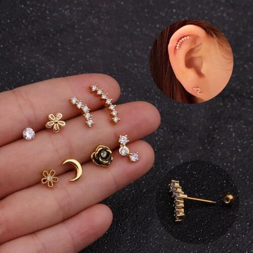1PC Gold/Silver Color New Design Cz Curved Bar Cartilage Earring Conch Piercing Helix Stud Ear Piercing Jewelry