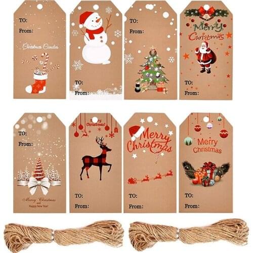 100 Pieces Christmas Kraft Paper Gift Tags Snowman Santa Tree Hanging Labels with String for for DIY Craft Name Card