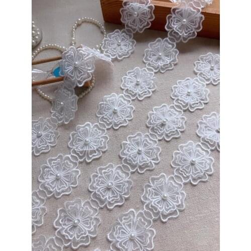 2 yards Organza layers flowers applique lace Off white flower pearl Beaded lace trim for skirts,dresses, scrapbook Embellishment