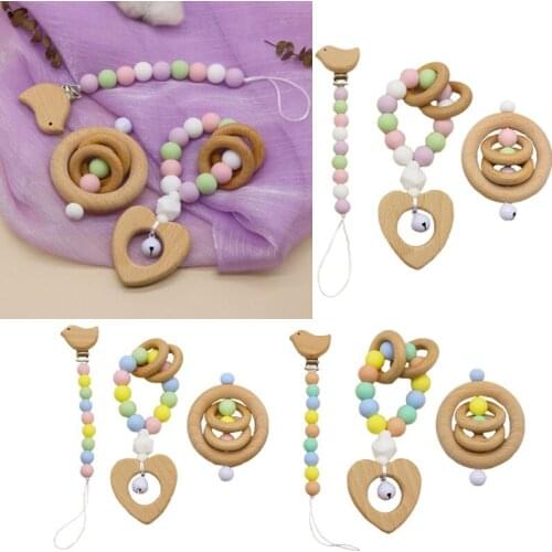 3 Pcs Wooden Rings Baby Rattle With Bells Silicone Beads Baby Pacifier Clip Dummy Chain Holder Infant Teether Toy Baby Toys