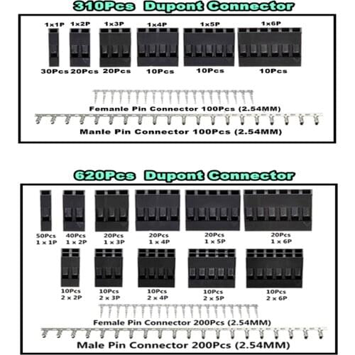 620Pcs Dupont Connector 2.54mm Dupont Cable Jumper Wire Pin Header Housing Kit, Male Crimp Pins+Female Pin Terminal Connector