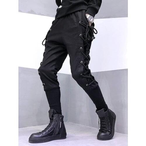 Free Shipping Mens Male Fashion Black Original Design Personality Dark Drawstring Webbing Decoration Slim Feet Harem Pants