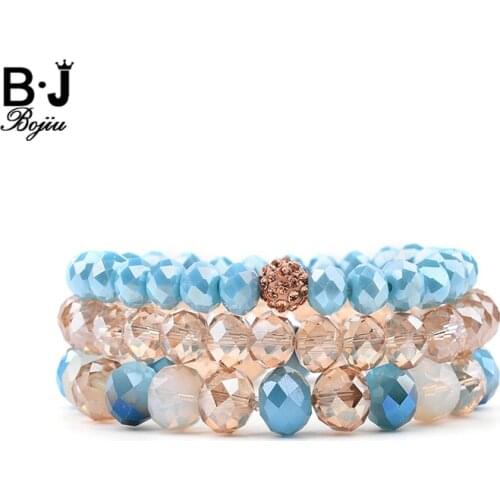 BOJIU 3 Pcs/Set Multicolor Crystal Bead Bracelets For Women Elastic Blue Green Brown Black Gray Crystal Bracelet Femme BCSET189