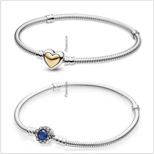 Authentic 925 Sterling Silver Domed Golden Heart Clasp Snake Chain Bracelet Bangle Fit Women Bead Charm Pandora Jewelry