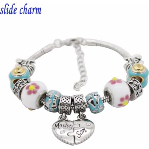 Slide charm Free shipping Childrens bracelet Mothers son charm beads bracelet 19cm + 5cm extension chain
