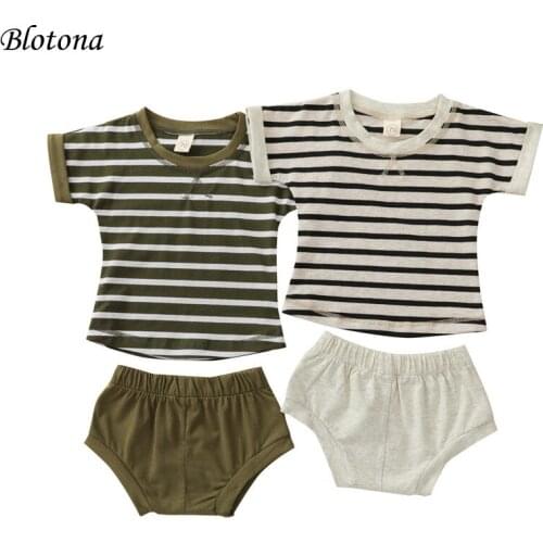 Blotona Kids Suit Set, Boys Striped Round Neck Short Sleeve T-Shirt+ Solid Color Short Pants for Summer, Green/Gray, 0-24 Months