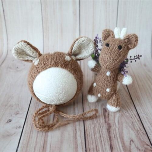 Newborn Mohair elk hat Newborn baby Animal Stuffer bonnet and Toy Set photography props Crochet mohair baby soft hat Props