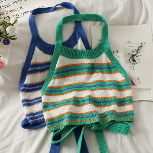 Women Sweet Fashion Striped Crop Knitted Tank Tops Vintage Halter Neck Backless Bow Tied Female Camis Mujer