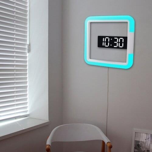 Square Digital Wall Clock Hollow Mirror Livingroom Bedroom Clocks with Temp