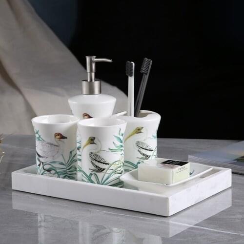 Bathroom Accessories Set Ceramic Soap Dispenser Toothbrush Holder & Gargle Cups Soap Dishes Lavatory 5 Pieces Set Wedding Gift