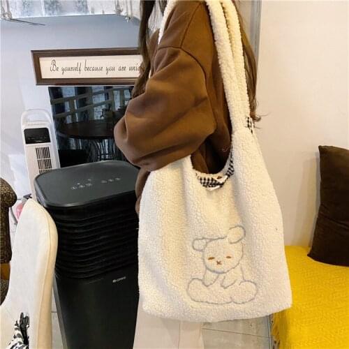 Womens Bag Soft New Shopper with Lamb Wool Cute Bear Like Fabric Shoulder Bag Canvas Handbag Tote Large Capacity Bag For Girls