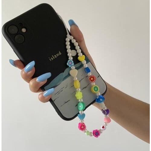 TAUAM 2021 New Ins Simulated Pearl Trendy Colorful Beads Mobile Phone Chain Anti-lost Handmade Acrylic Cord Lanyard for Women