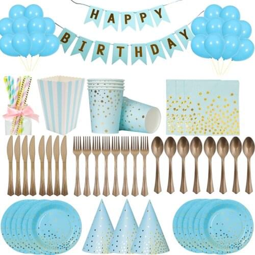 New Blue Gold Series Birthday Party Decoration Supplies Baby Shower Party Disposable Tableware Set Paper Plates Napkin Straws