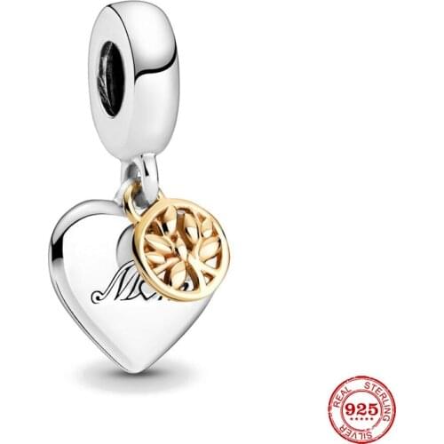 New Original Silver Color Two-tone Family Tree & Heart Diy Bead Fit European Pandora Charms Bracelet Bangles Diy Jewelry P419