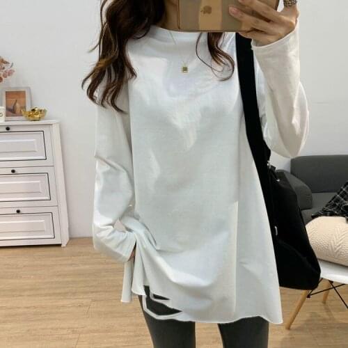 Autumn and Winter Womens White Loose Long-Sleeved T-shirt Ripped Top