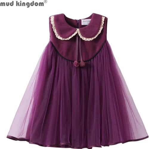 Mudkingdom Faux Wool Tulle Girl Collared Dresses with Pompoms Girls Clothes Party Princess Dress Kids Clothing Autumn Winter