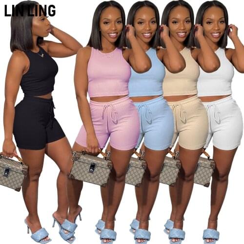 LINLING Casual Sports Suit Pit Strip Exposed Navel Vest + Drawstring High Waist Shorts Two-piece Set