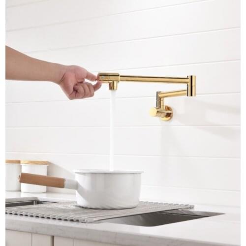 Gold plated Brass Kitchen Sink Faucet Pot Filler Folding Stretchable Double Joint Swing Arm golden Wall Mount Kitchen Faucet