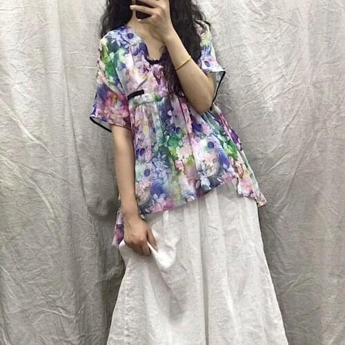Women Retro Ramie Printed V Neck Shirts Tops Ladies Vintage Print Ramie Blouse Female 2020 Summer Ramie Shirt